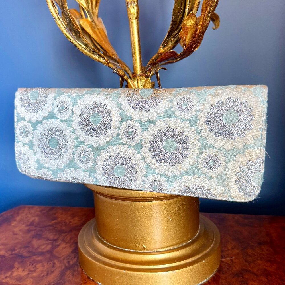 Kotur Jacquard Sky Blue and Silver Rectangular Evening Clutch Bag